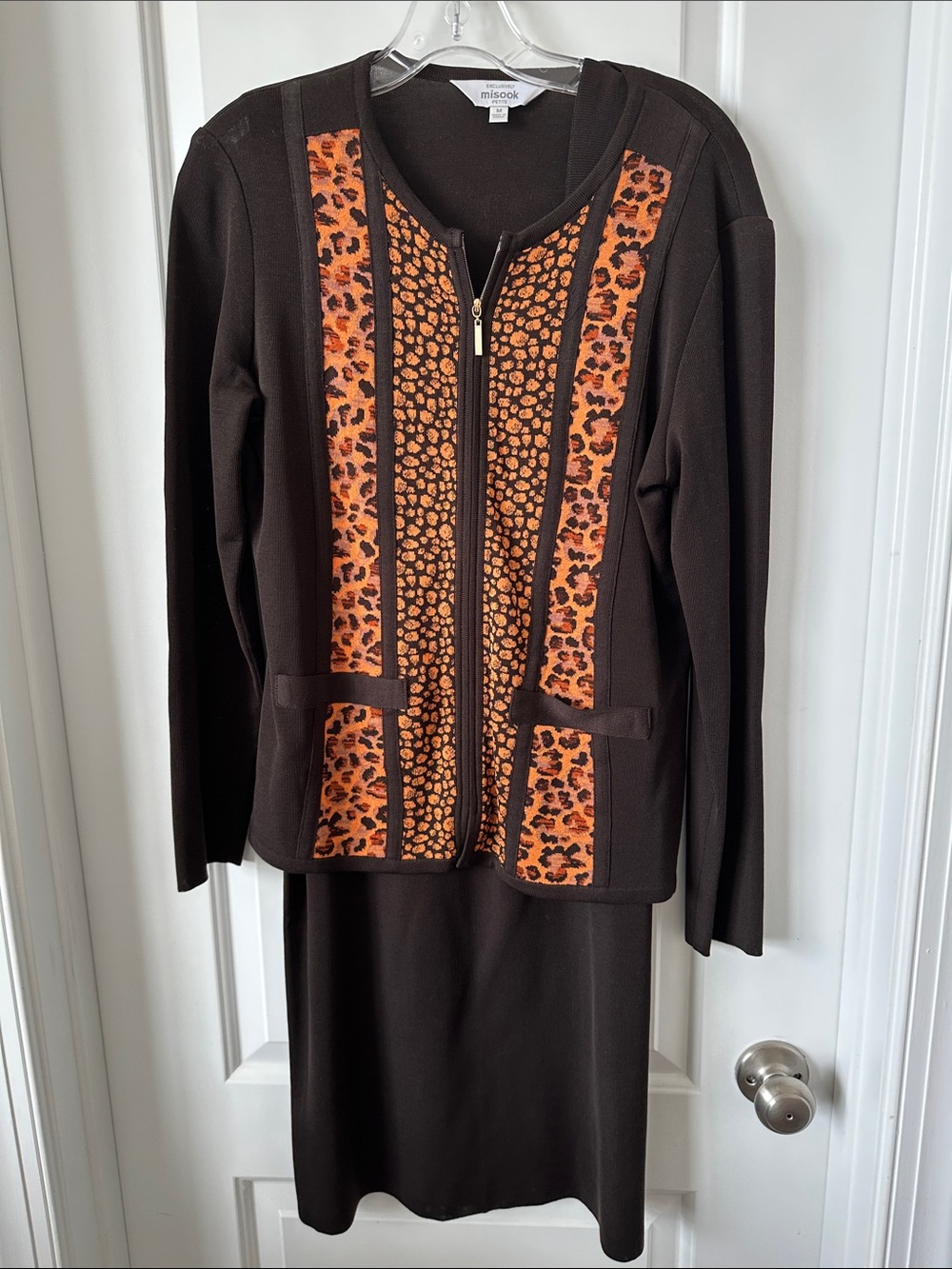 Misook Brown Knit Skirt Suit with Orange Leopard Panels
